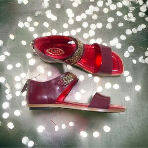 TOD’S Open Toe Bordeaux Patent Leather Sandals 37.5 IT 7.5 US NIB!